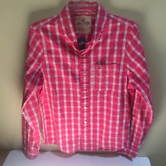 Hollister NEW Cotton Gingham Check Button Shirt Top Blouse Pink Long Sleeves S - Picture 3 of 14